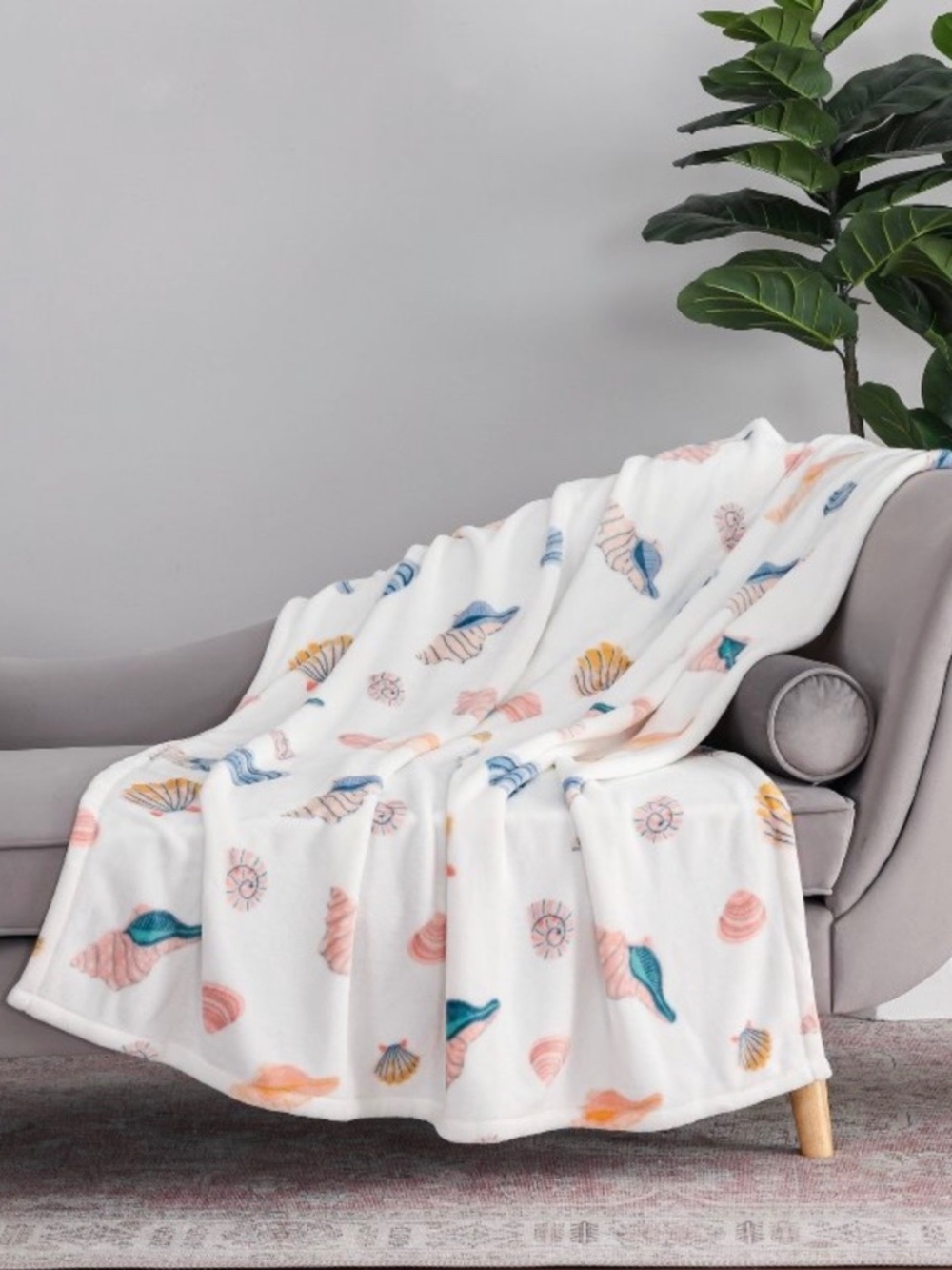 Seashell Printed Plush Throw Blanket Coastal